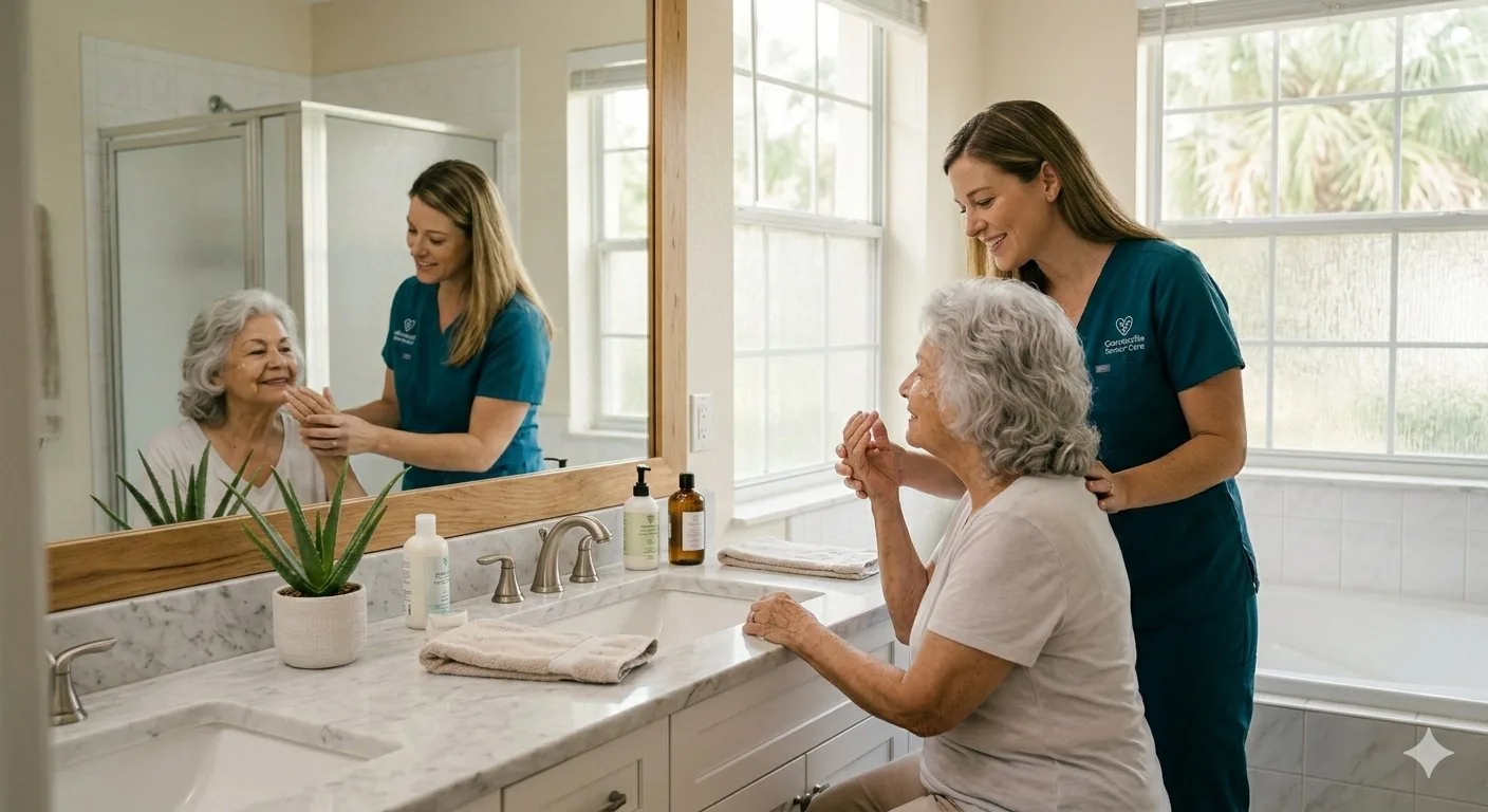 Caregiver assisting senior with bathroom care in Gainesville, FL
