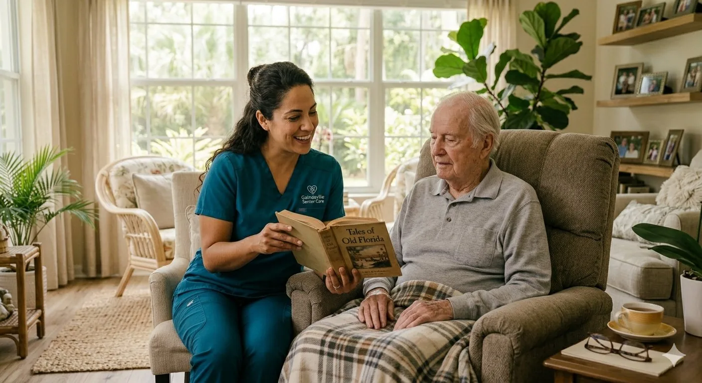 Caregiver reading with senior with dementia in Gainesville, FL